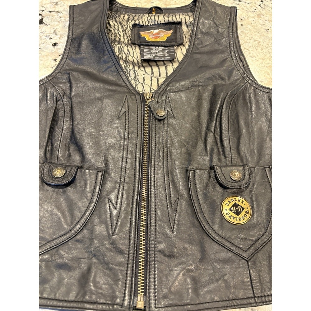 Harley-Davidson Womens Black Leather Biker Vest Snap Zip Front Size Small Medium
